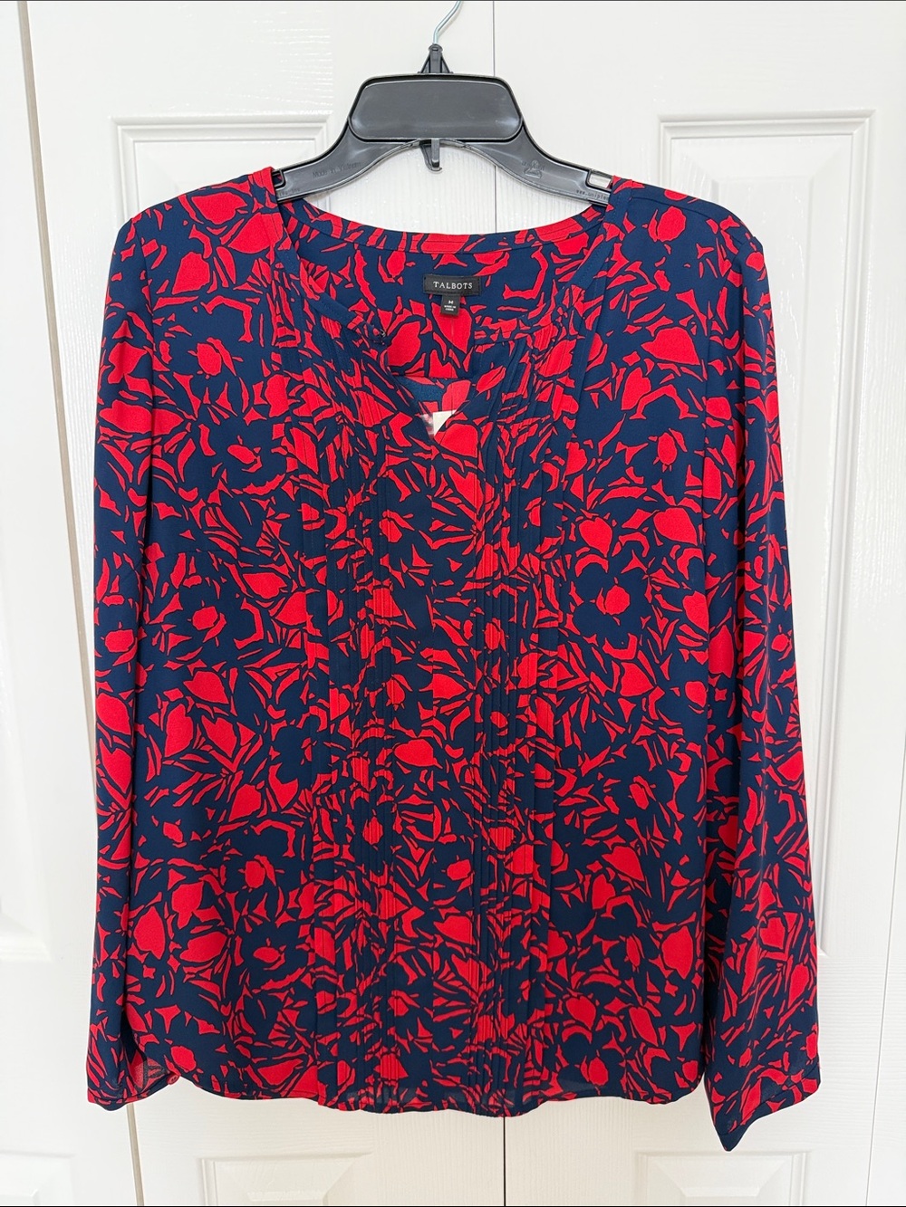 Talbots Red & Navy Floral Pintuck Blouse - Women's Top